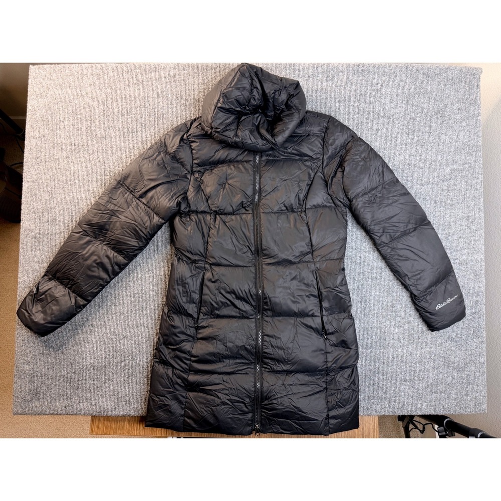 Eddie Bauer Womens Small Black EB550 Down Puffer Jacket Insulated Hooded Parka